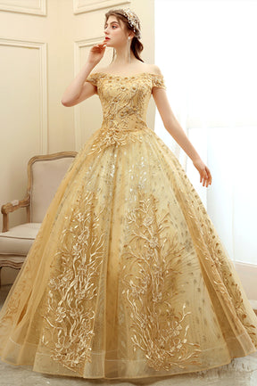 Gold Lace Long A-Line Ball Gown, Off the Shoulder Evening Party Gown