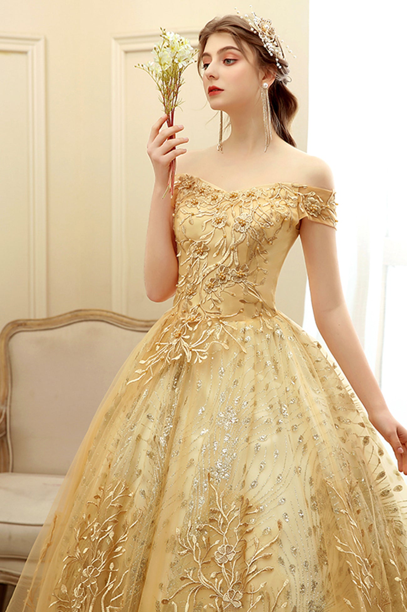 Gold Lace Long A-Line Ball Gown, Off the Shoulder Evening Party Gown Gold Lace Long A-Line Ball Gown, Off the Shoulder Evening Party Gown
