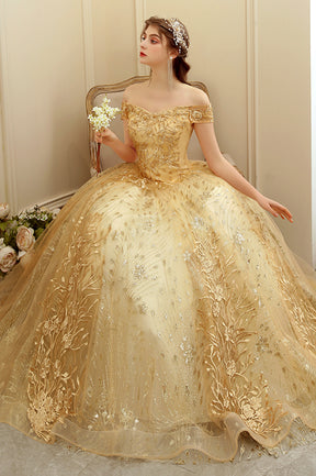 Gold Lace Long A-Line Ball Gown, Off the Shoulder Evening Party Gown