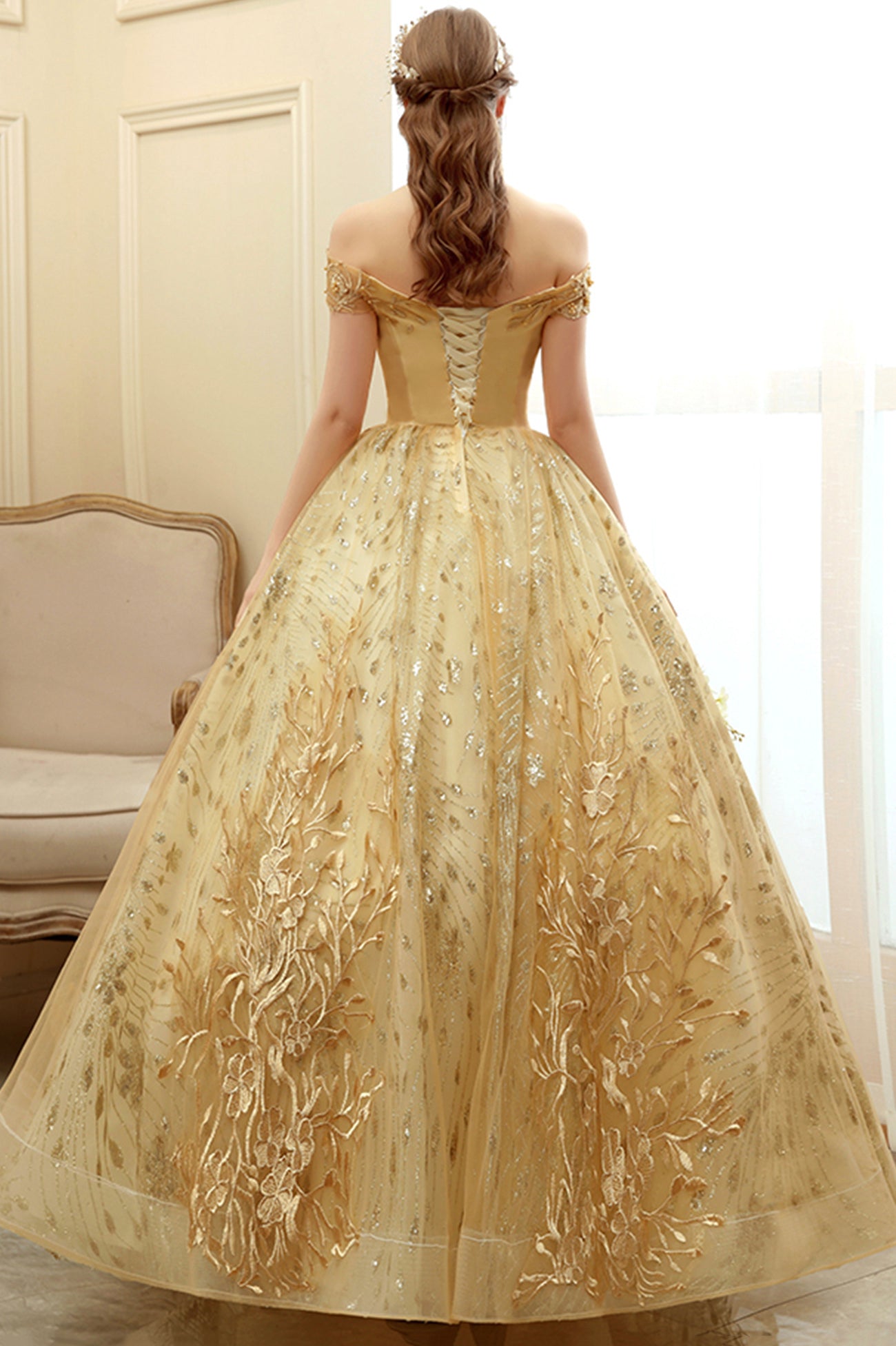 Gold Lace Long A-Line Ball Gown, Off the Shoulder Evening Party Gown Gold Lace Long A-Line Ball Gown, Off the Shoulder Evening Party Gown