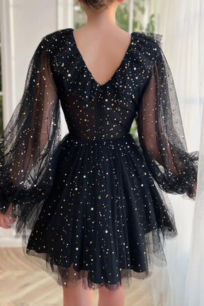 Black V-Neck Tulle Short Prom Dress, Cute A-Line Long Sleeve Party Dress