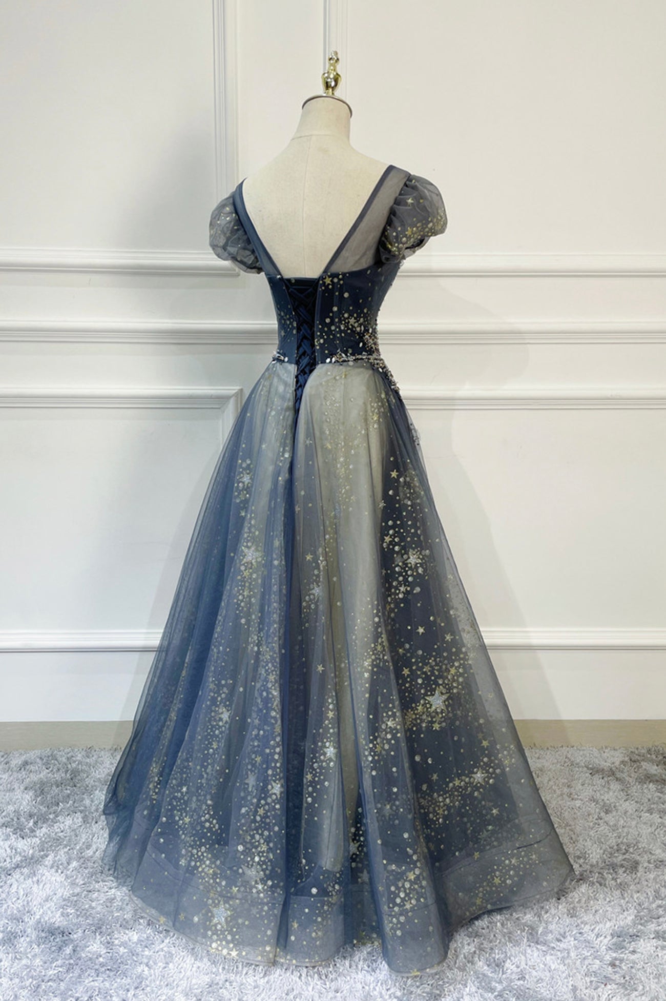 Blue Scoop Neckline Tulle Long Prom Dress with Beaded, A-Line Evening Blue Scoop Neckline Tulle Long Prom Dress with Beaded, A-Line Evening
