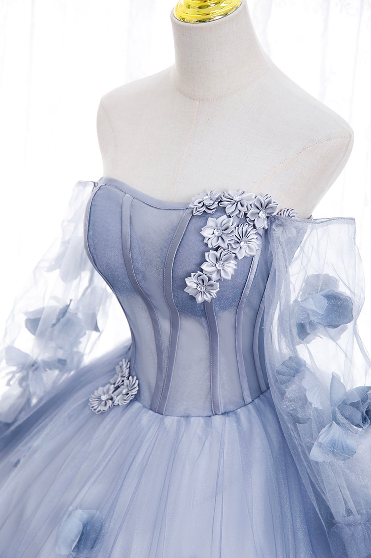 Blue Tulle Long Sleeves Formal Dress with Flowers, Blue A-Line Prom Dress