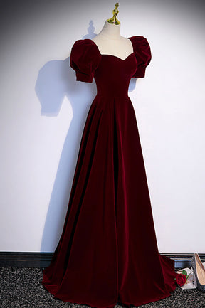 Burgundy Velvet Long A-Line Prom Dress, Simple Short Sleeve Party Dress
