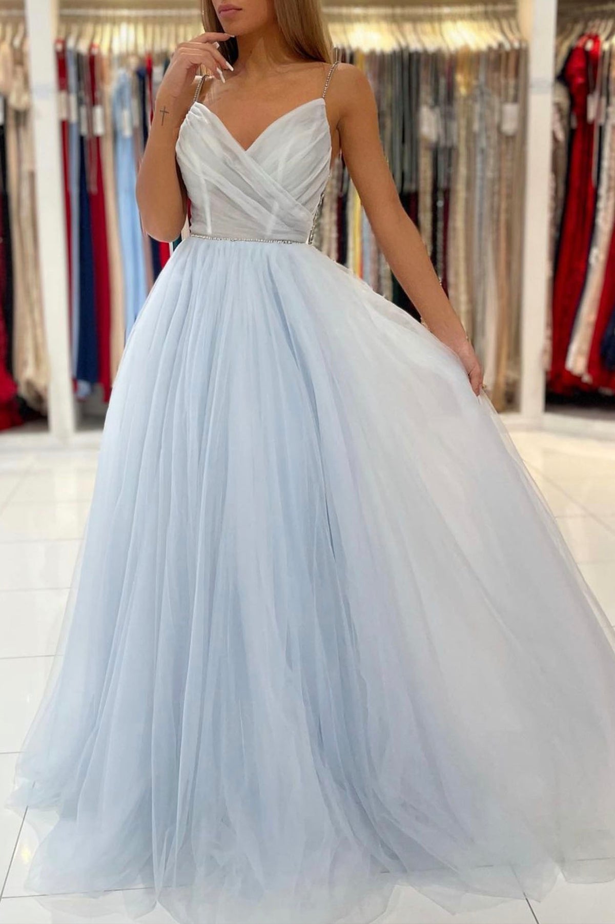 Blue V-Neck Tulle Long Prom Dress, A-Line Spaghetti Straps Evening Party Dress