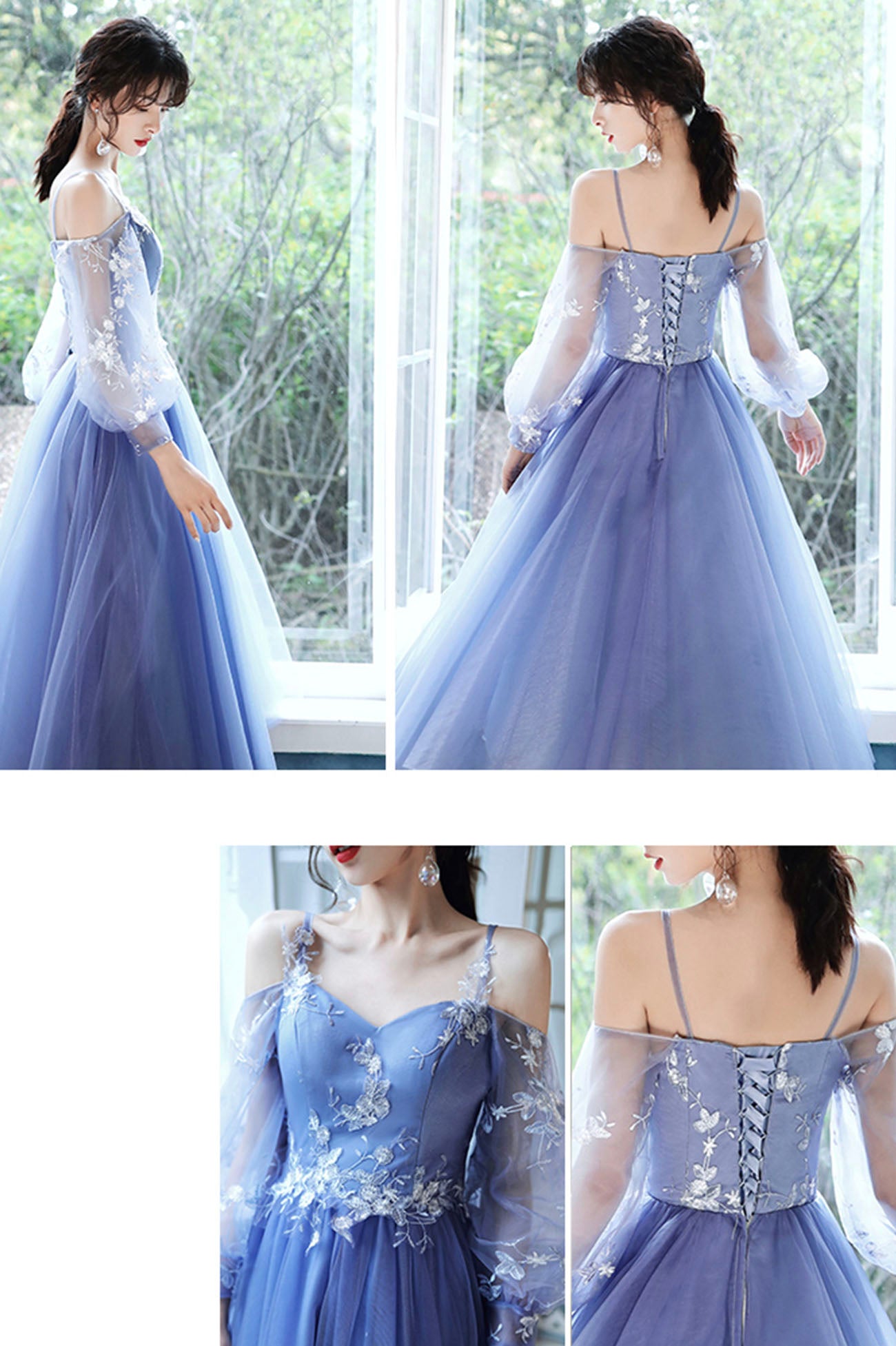 Blue Lace Short A-Line Prom Dress, Blue Spaghetti Strap Evening Party Dress