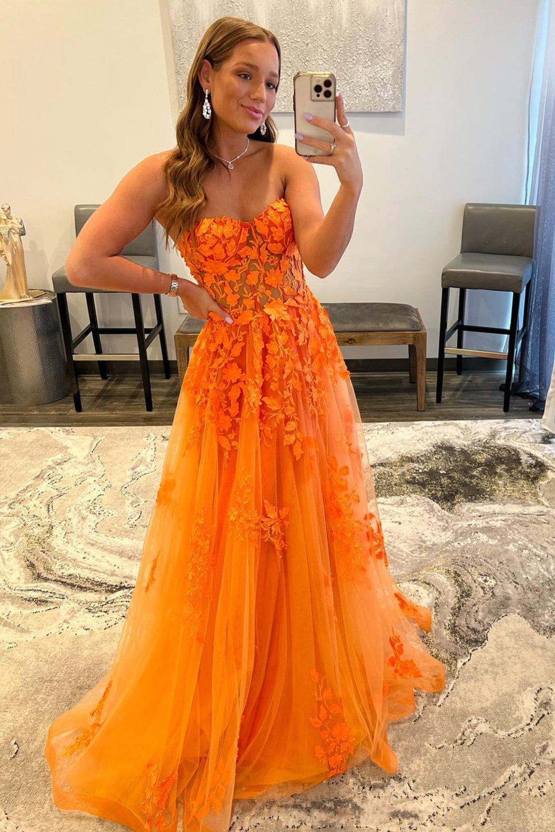 Orange Strapless Tulle Long Prom Dress with Lace, A-Line Evening Dress Orange Strapless Tulle Long Prom Dress with Lace, A-Line Evening Dress