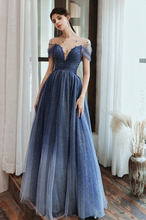 Blue Scoop Tulle Long Formal Dress, A-Line Evening Party Dress