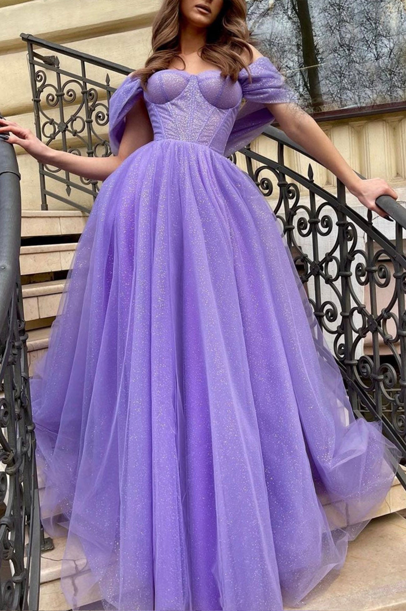 Purple Tulle Long A-Line Prom Dress, Off the Shoulder Evening Party Dress