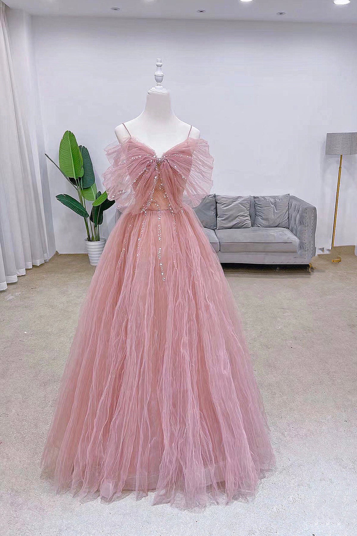 Pink Tulle Long A-Line Prom Dress with Bow, Pink Evening Graduation Dress