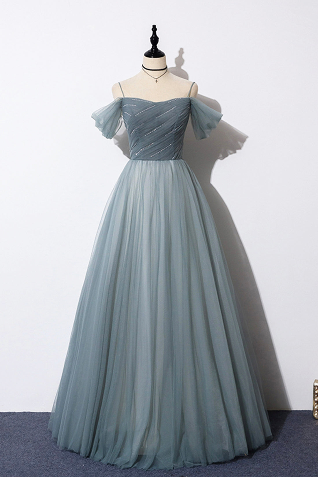 Gray Blue Spaghetti Strap Tulle Floor Length Prom Dress, Off Shoulder Gray Blue Spaghetti Strap Tulle Floor Length Prom Dress, Off Shoulder