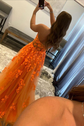 Orange Strapless Tulle Long Prom Dress with Lace, A-Line Evening Dress