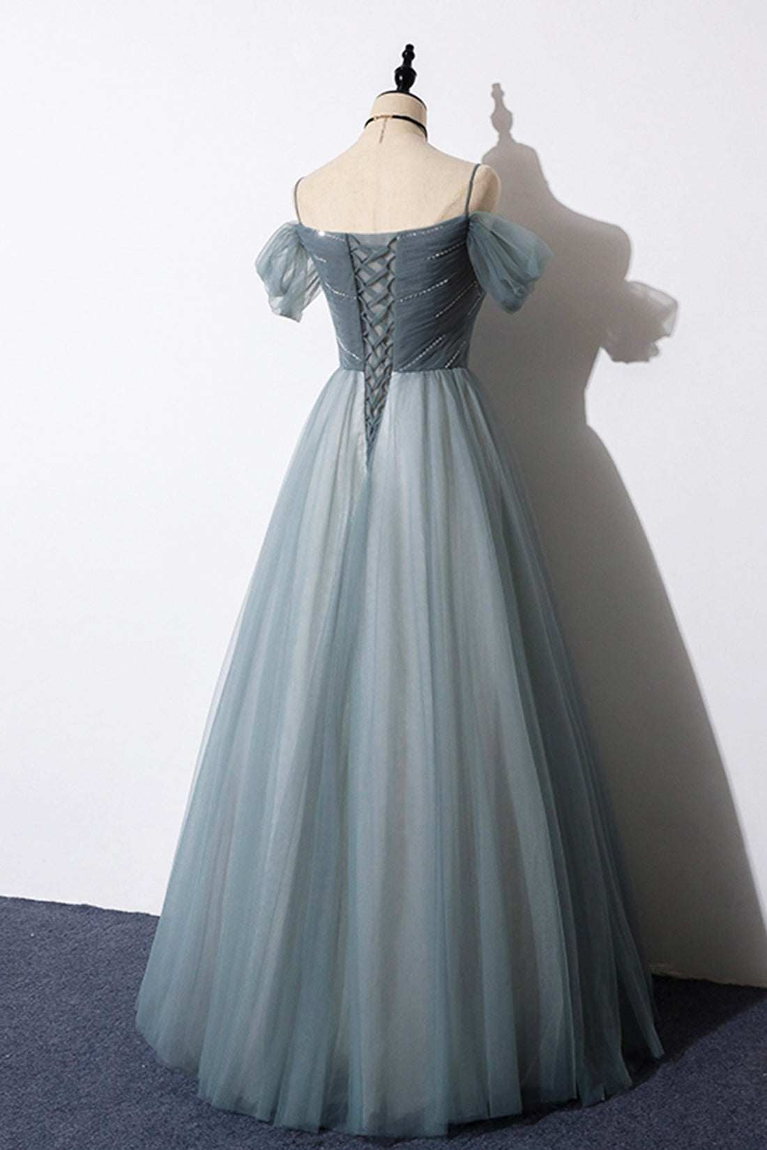 Gray Blue Spaghetti Strap Tulle Floor Length Prom Dress, Off Shoulder