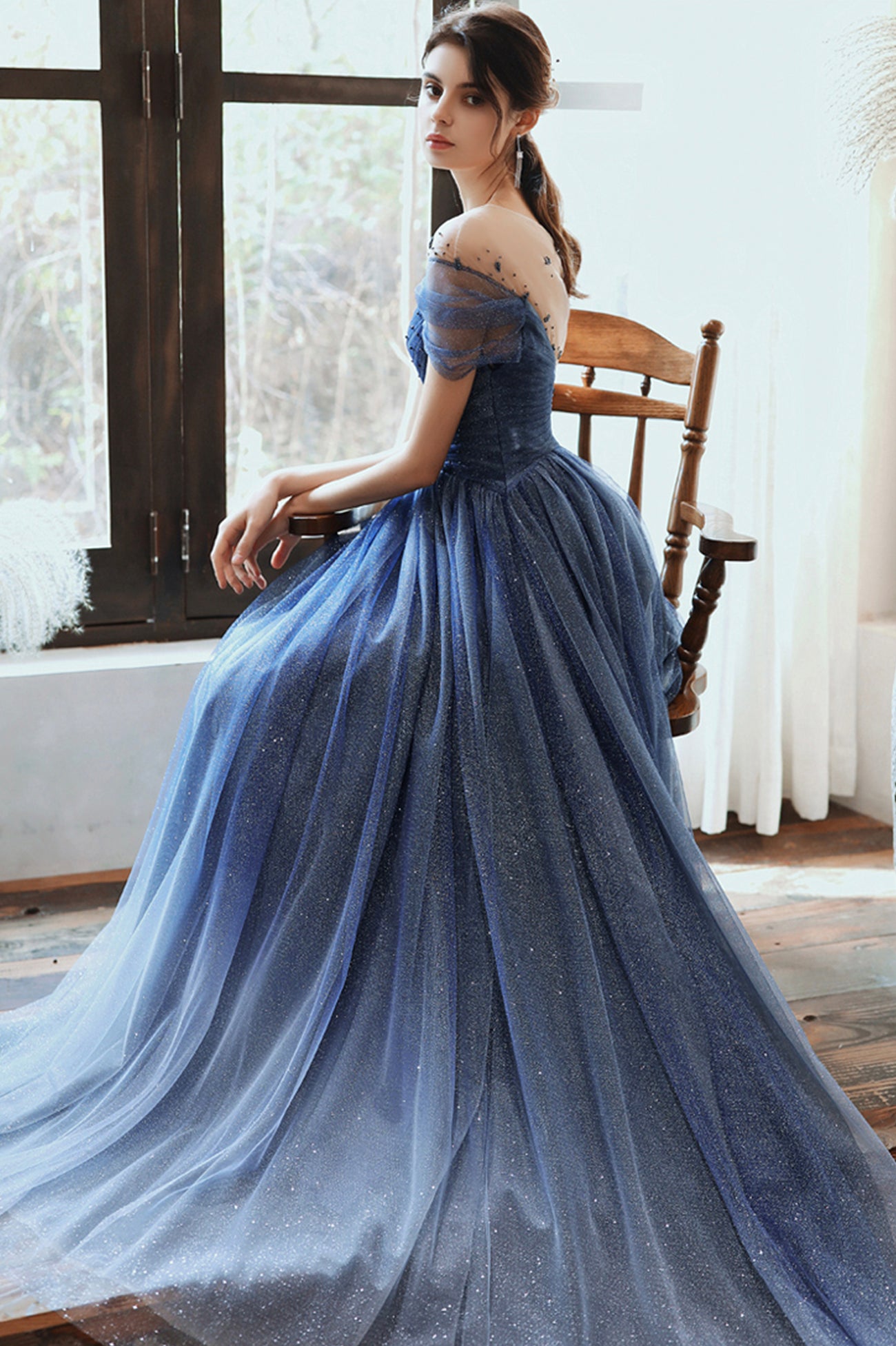 Blue Scoop Tulle Long Formal Dress, A-Line Evening Party Dress