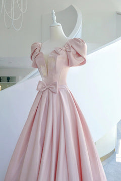 Elegant A-Line Bow Satin Dress with Pearl Candy Pink