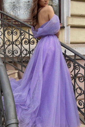 Purple Tulle Long A-Line Prom Dress, Off the Shoulder Evening Party Dress