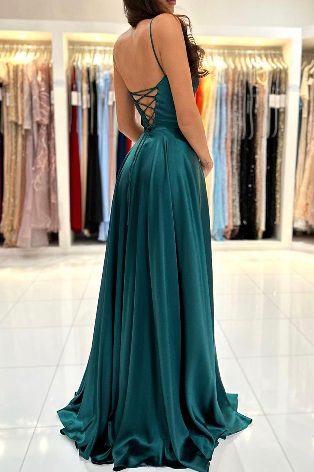 Green Satin Long Prom Dress, Simple A-Line Evening Dress