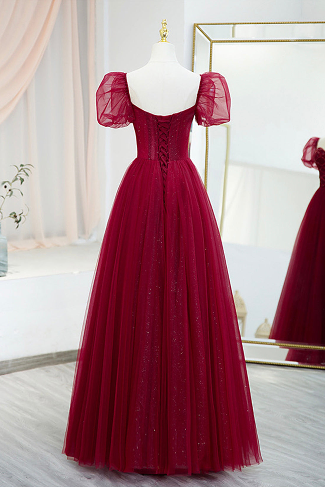 burgundy tulle bridesmaid dress Flounced Burgundy Tulle V-neck Formal Gown