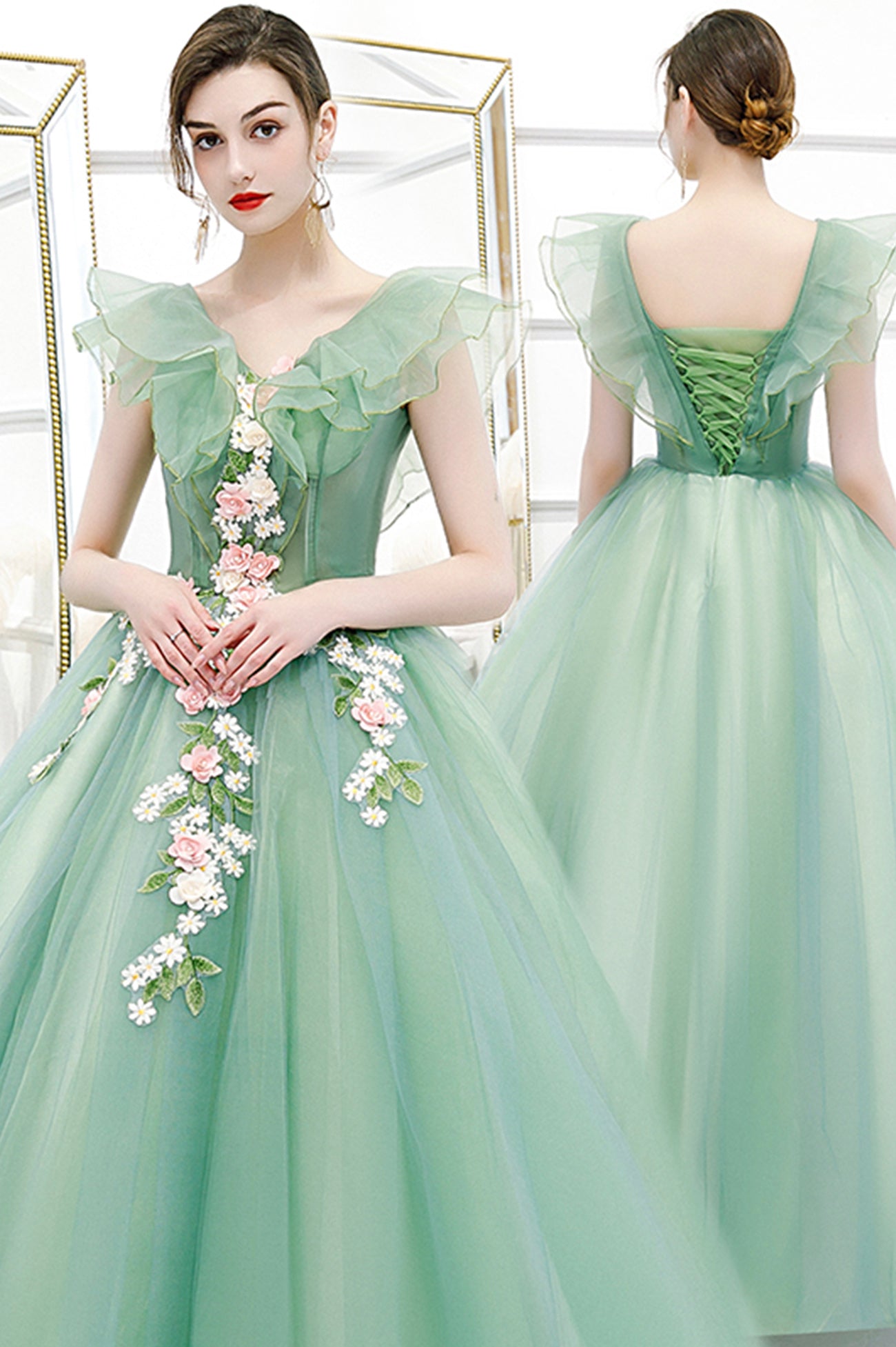 Green Tulle Long A-Line Prom Dress with Lace, Green Evening Formal Gown