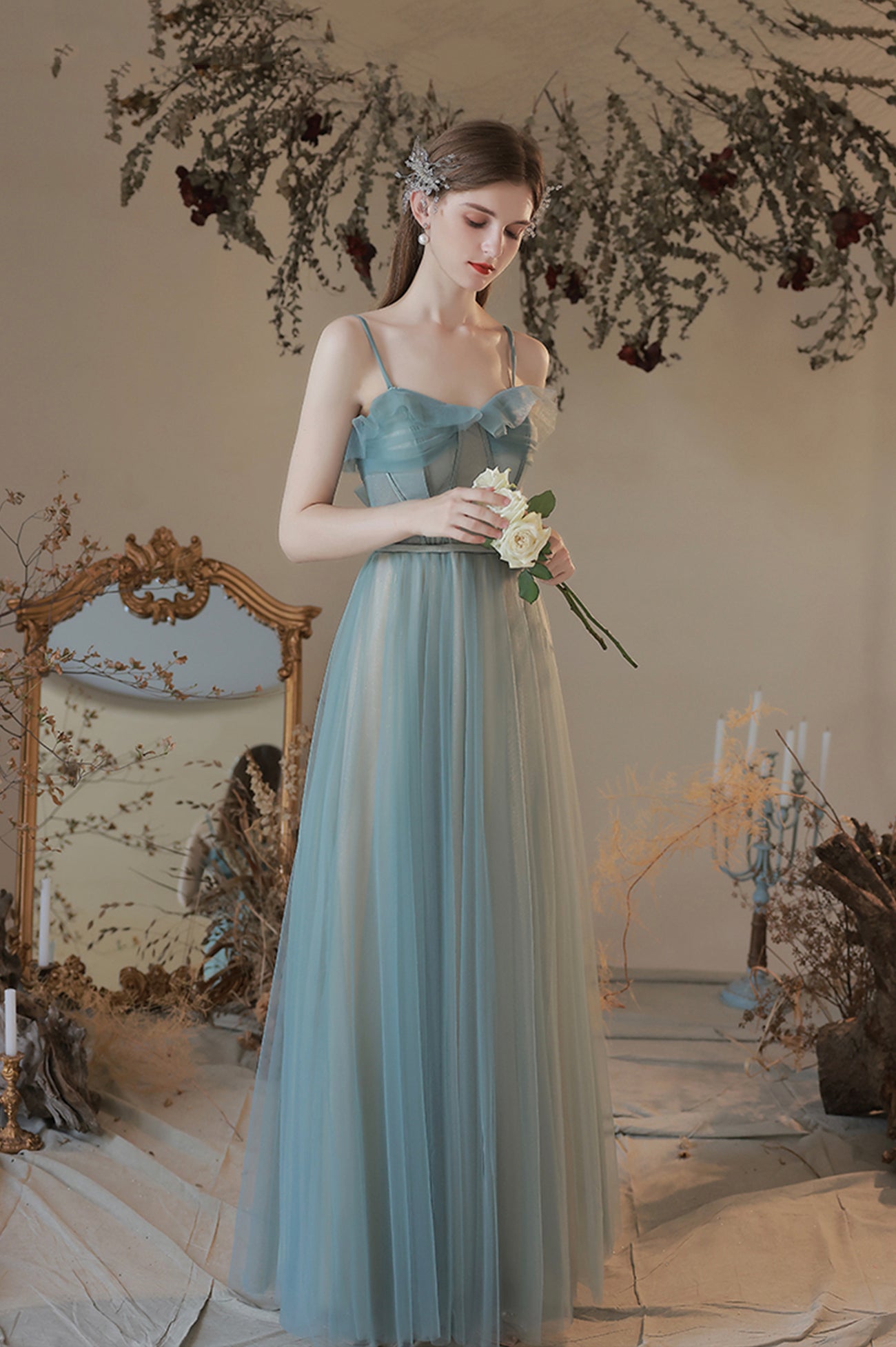 A-Line Tulle Long Prom Dress, Simple Spaghetti Strap Evening Dress