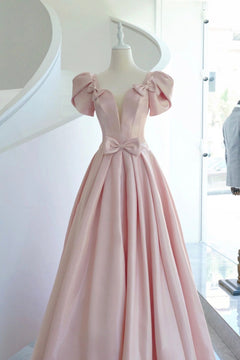 Cute A Line Scoop Neck Pink Satin Long Prom Dress with Bow AB26011903