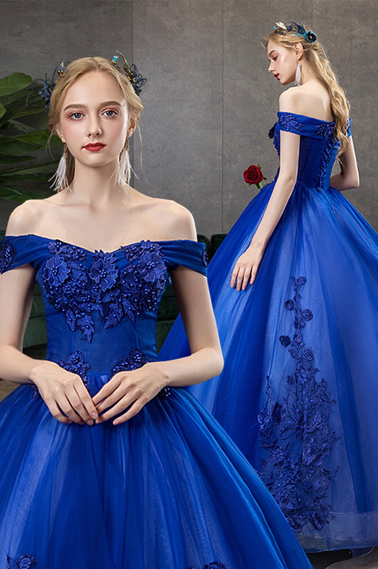Blue Lace Long A-Line Ball Gown, Blue Off the Shoulder Formal Evening