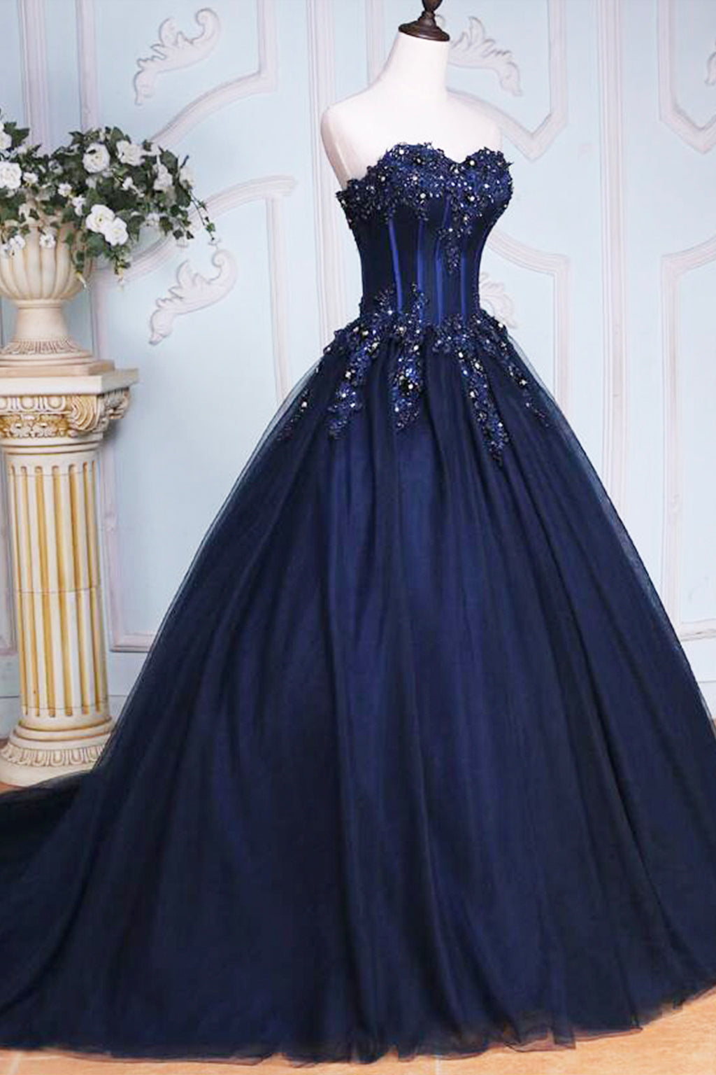 Dark Blue Tulle Lace Princess Dress, Beautiful A-Line Strapless Long P Dark Blue Tulle Lace Princess Dress, Beautiful A-Line Strapless Long P