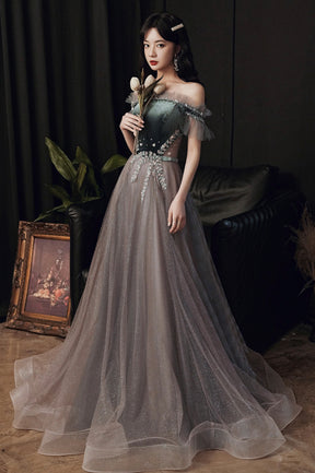 Gray Tulle Long Prom Dress with Lace, Cute Off the Shoulder Evening Dress