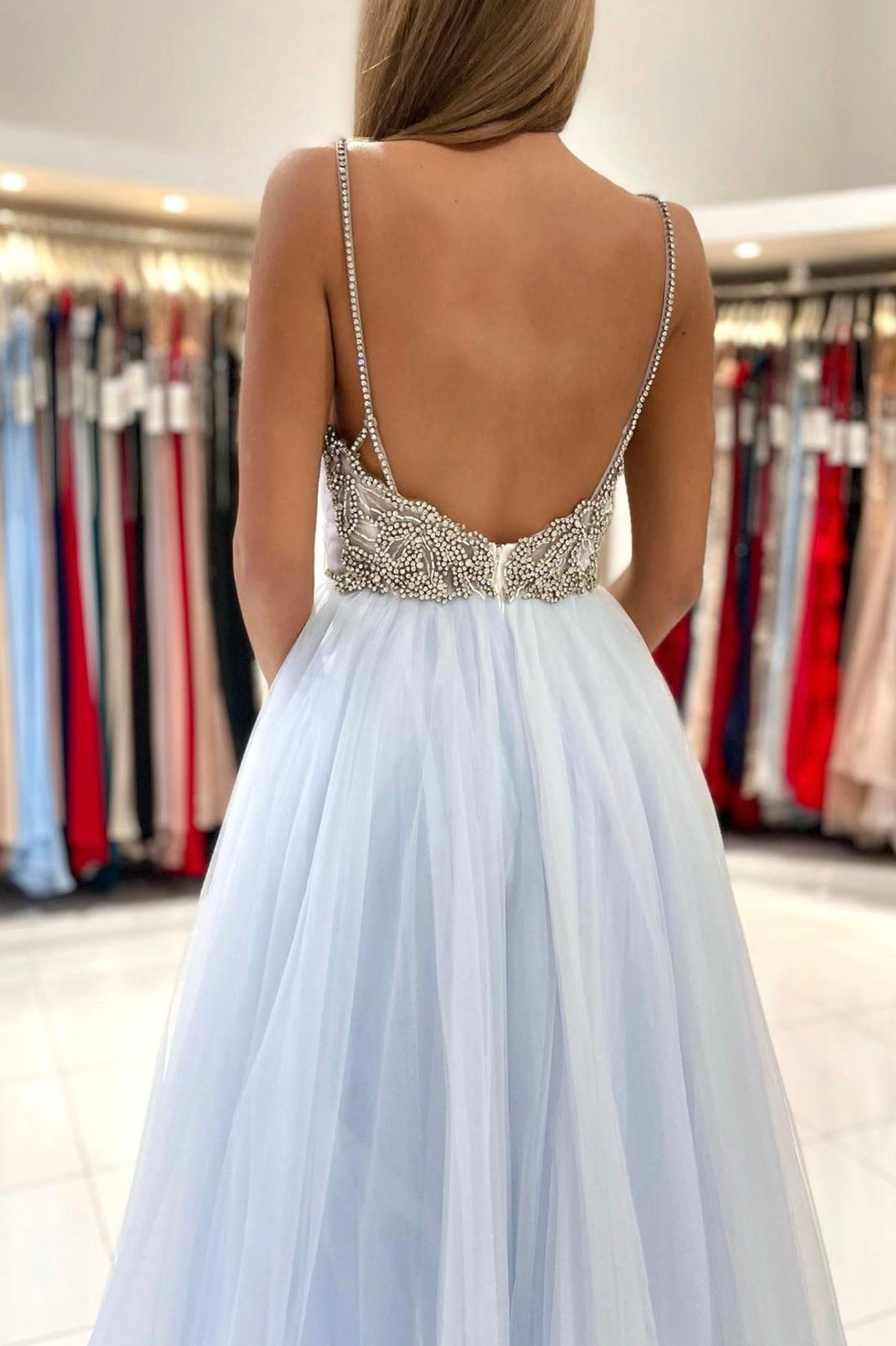 Blue V-Neck Tulle Long Prom Dress, A-Line Spaghetti Straps Evening Party Dress