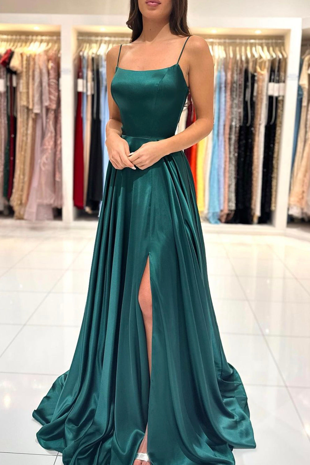 Green Satin Long Prom Dress, Simple A-Line Evening Dress