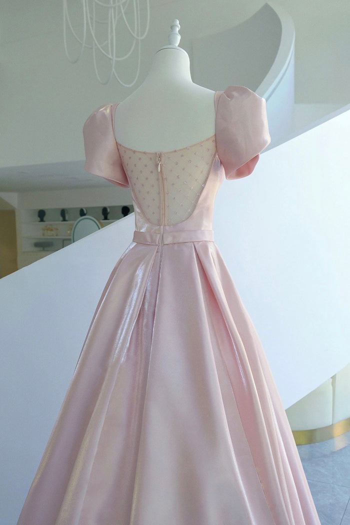 Pink two pieces satin long prom dress show waist evening dress main image 1