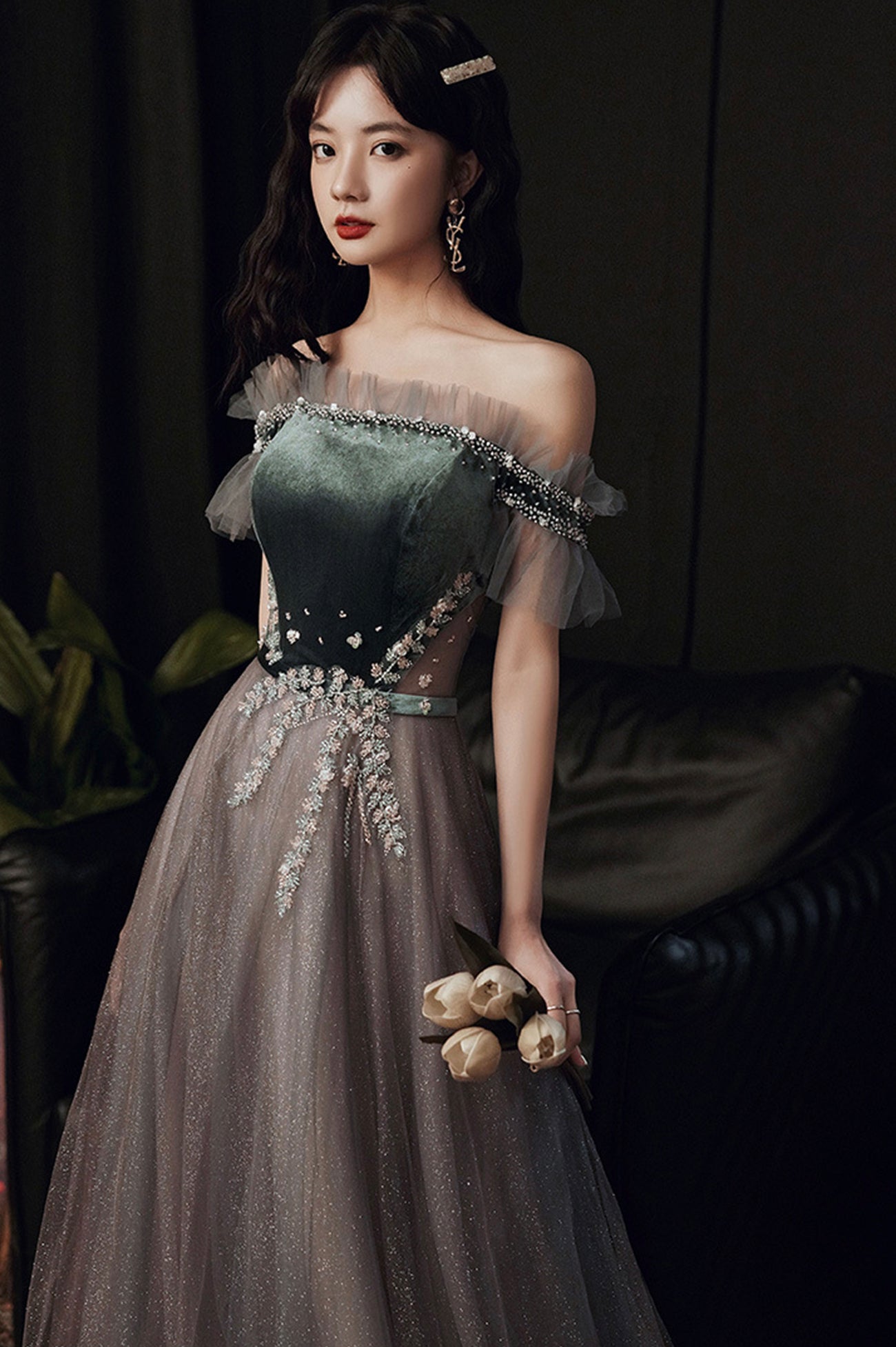 Gray Tulle Long Prom Dress with Lace, Cute Off the Shoulder Evening Dress