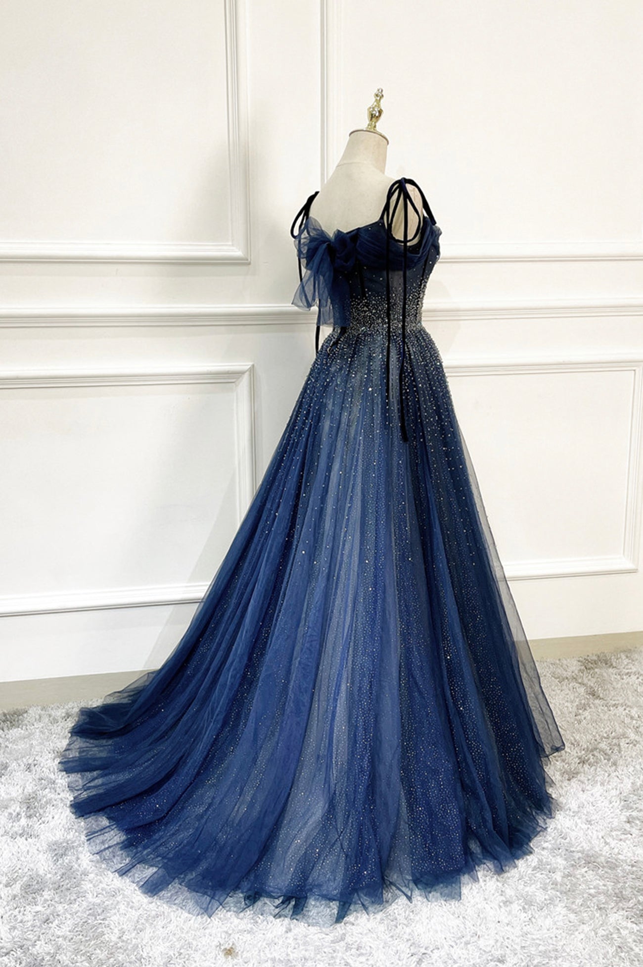 Blue Tulle Beaded Long A-Line Prom Dress, Blue Spaghetti Straps Evening Dress