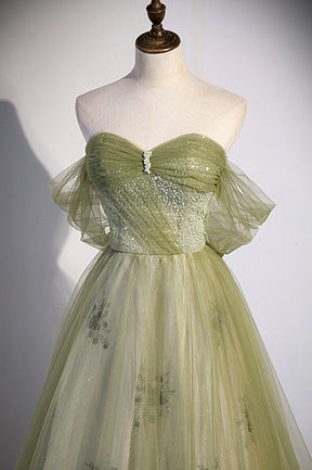 Green Tulle Sweetheart Neckline Long Prom Dress, Green Strapless Evening Dress