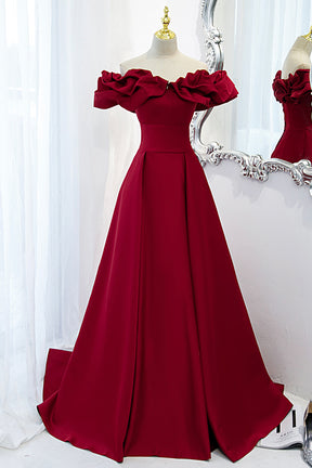 Burgundy Satin Long Prom Dress, A-Line Off Shoulder Evening Party Dress