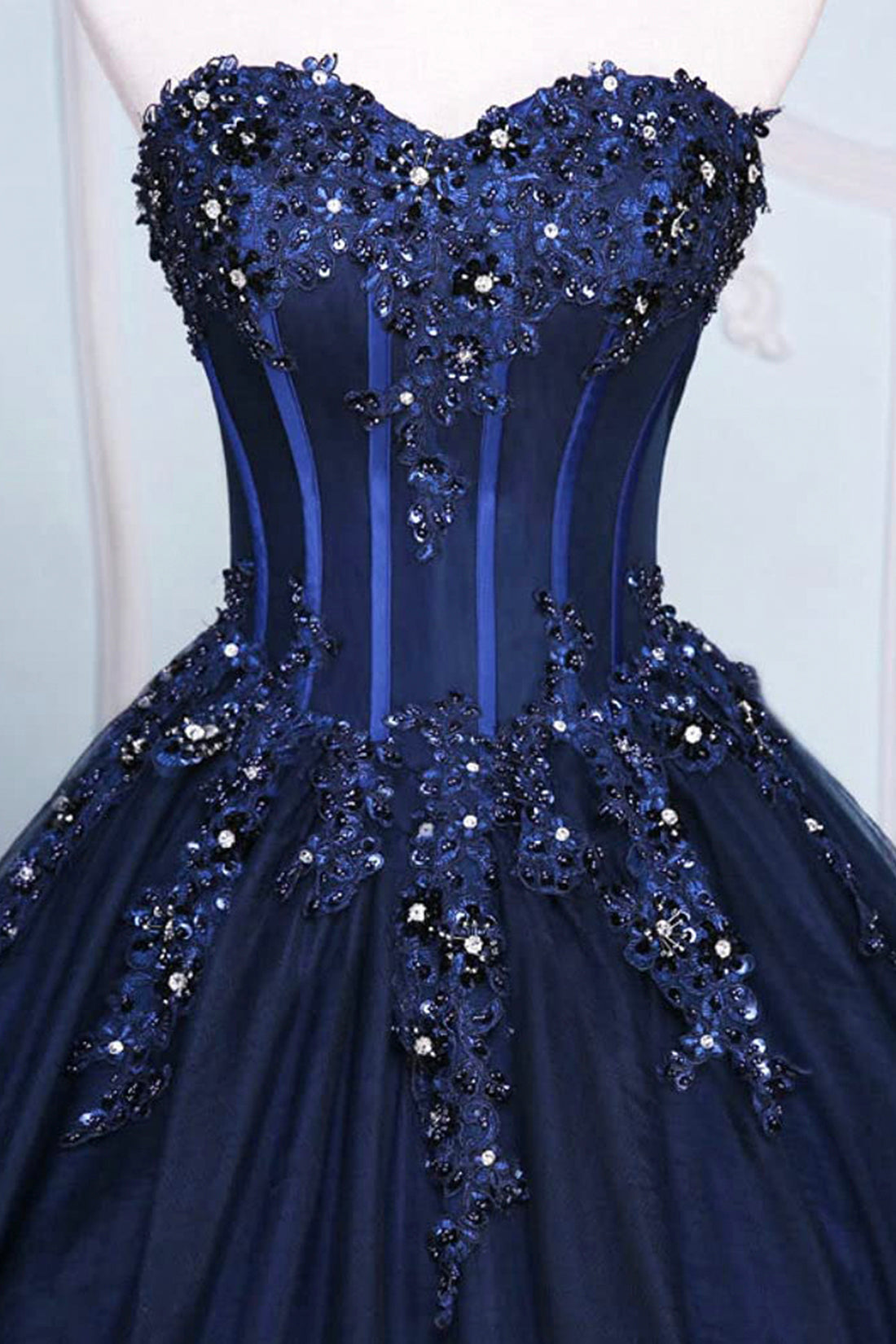 Dark Blue Tulle Lace Princess Dress, Beautiful A-Line Strapless Long Prom Dress