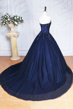 Dark Blue Tulle Lace Princess Dress, Beautiful A-Line Strapless Long P