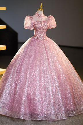 Pink Tulle Lace Princess Dress, Beautiful A-Line Evening Dress Sweet 16 Dress