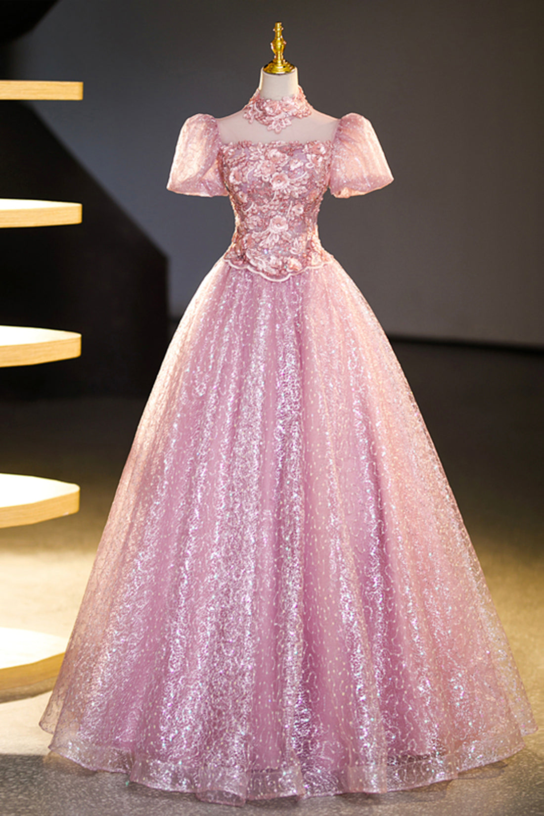 Pink Tulle Lace Princess Dress, Beautiful A-Line Evening Dress Sweet 16 Dress