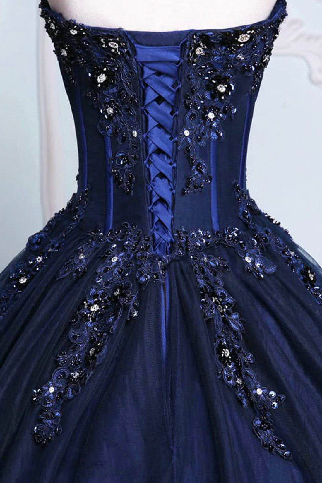 Dark Blue Tulle Lace Princess Dress, Beautiful A-Line Strapless Long P Dark Blue Tulle Lace Princess Dress, Beautiful A-Line Strapless Long P