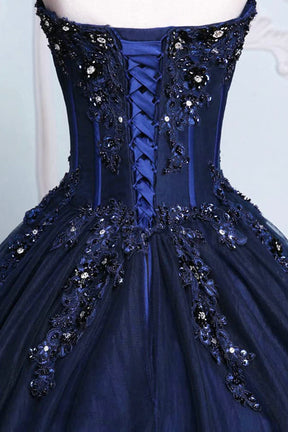 Dark Blue Tulle Lace Princess Dress, Beautiful A-Line Strapless Long Prom Dress