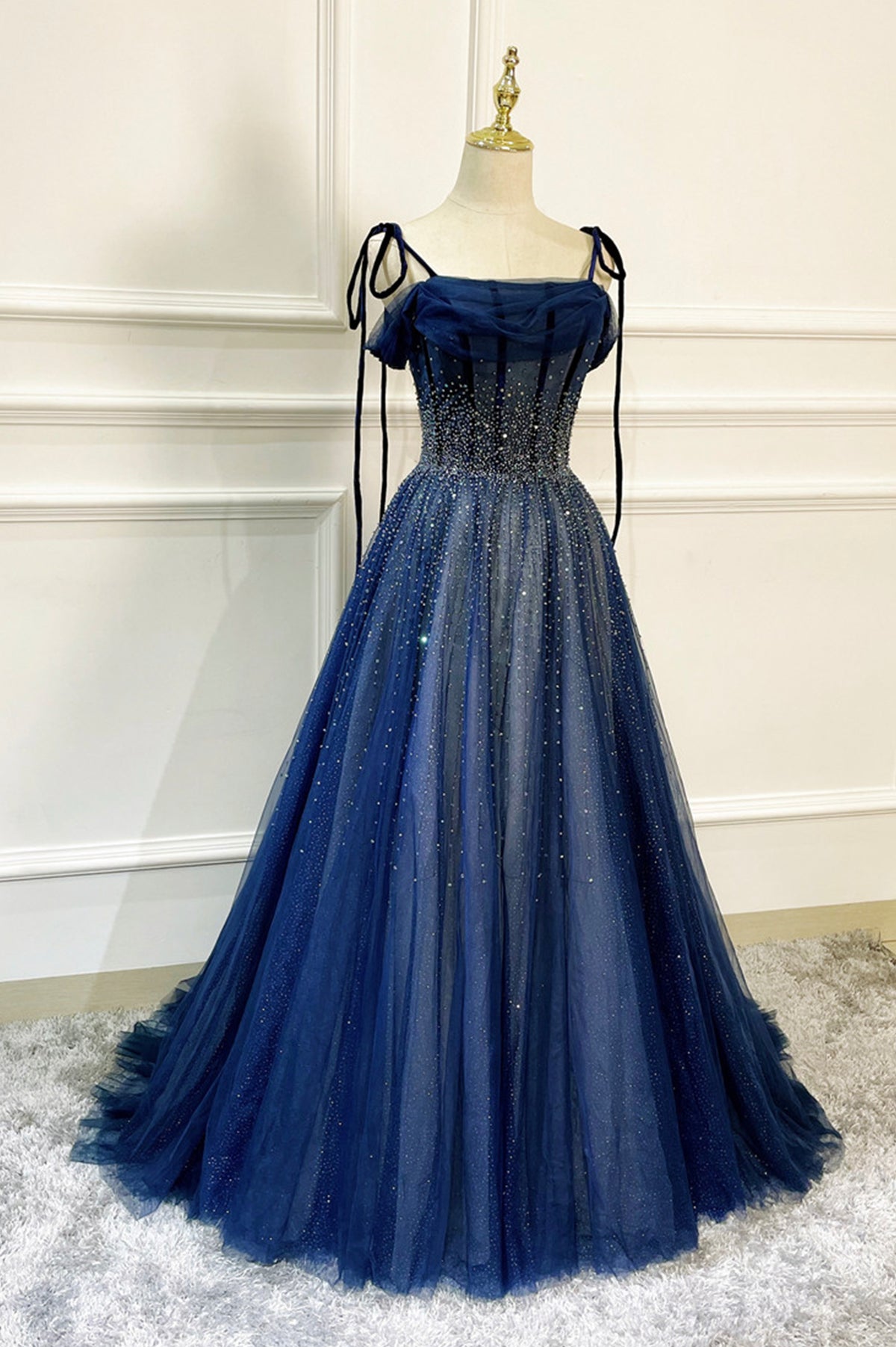 Blue Tulle Beaded Long A-Line Prom Dress, Blue Spaghetti Straps Evening Dress