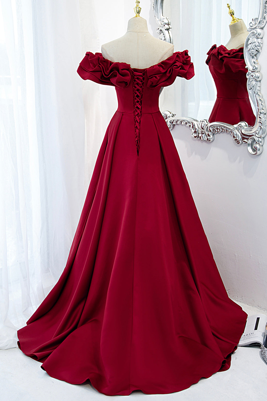 Burgundy Satin Long Prom Dress, A-Line Off Shoulder Evening Party Dress
