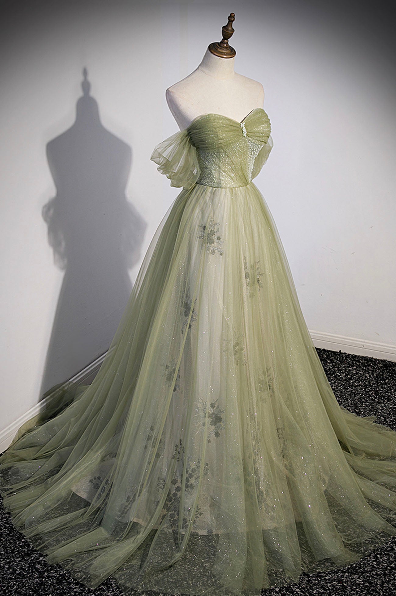 Green Tulle Sweetheart Neckline Long Prom Dress, Green Strapless Evening Dress