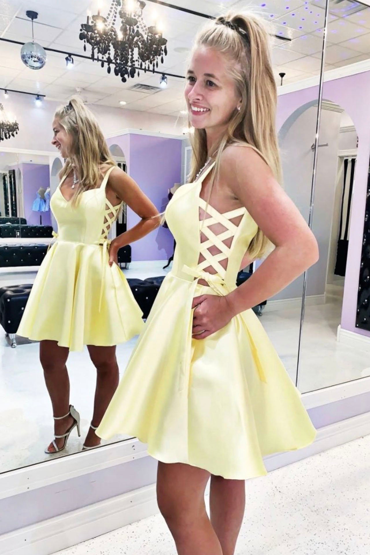 Yellow Satin Short Prom Dress, Lovely A-Line Homecoming Party Dress