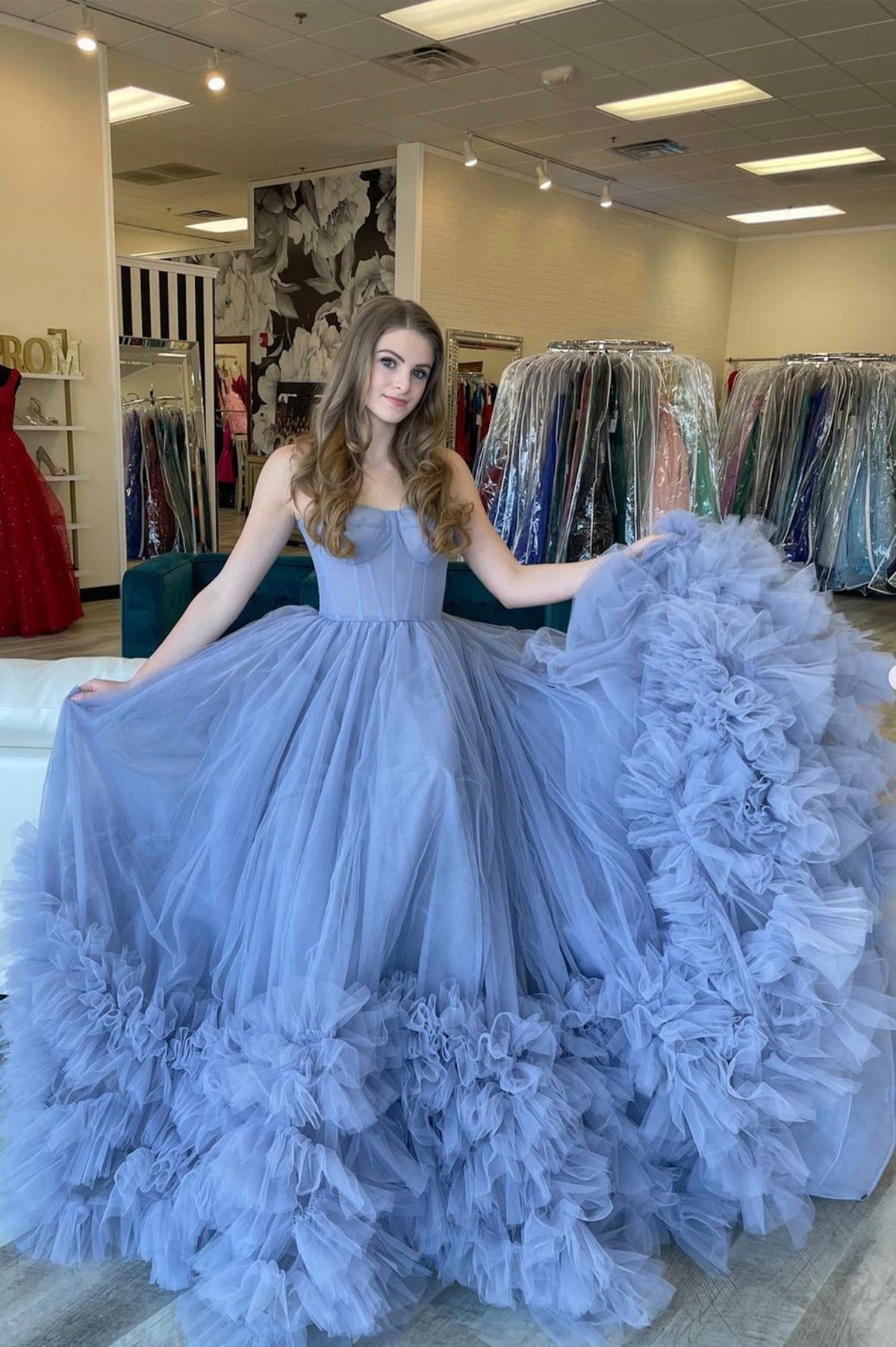 Blue Strapless Tulle Long Prom Dress, A-Line Evening Party Dress