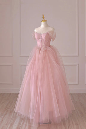 Pink Tulle Lace Long Formal Dress, A-Line Off Shoulder Pink Prom Dress