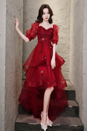 Burgundy Lace High Low Prom Dress, A-Line 1/2 Sleeve Evening Party Dress