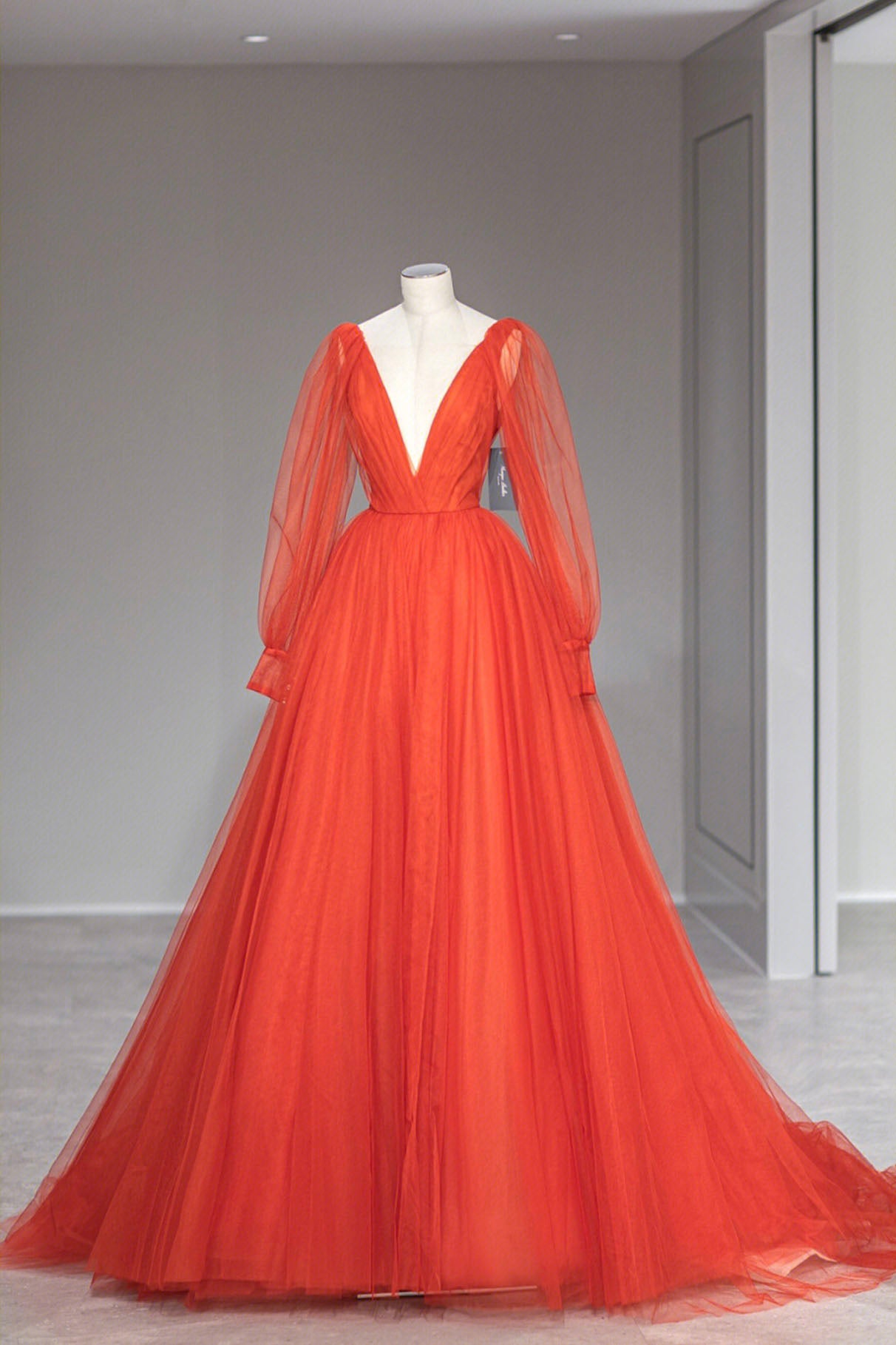 Plunging V-Neck Tulle Floor Length Formal Dress, Orange Long Sleeve Prom Dress