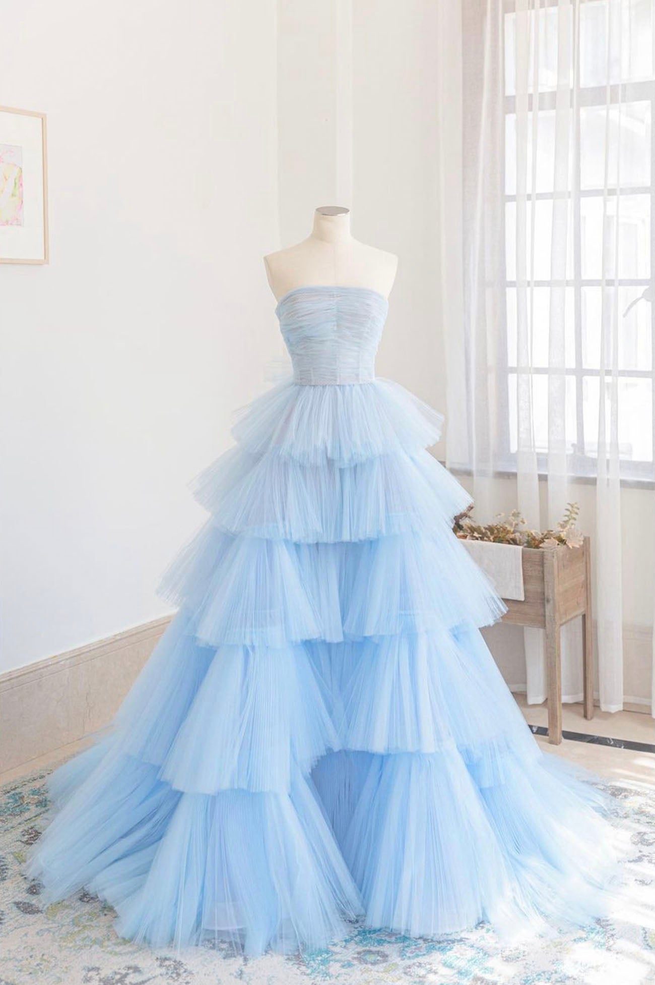 Blue Strapless Tulle Layers Long Prom Dress, Beautiful A-Line Evening Dress